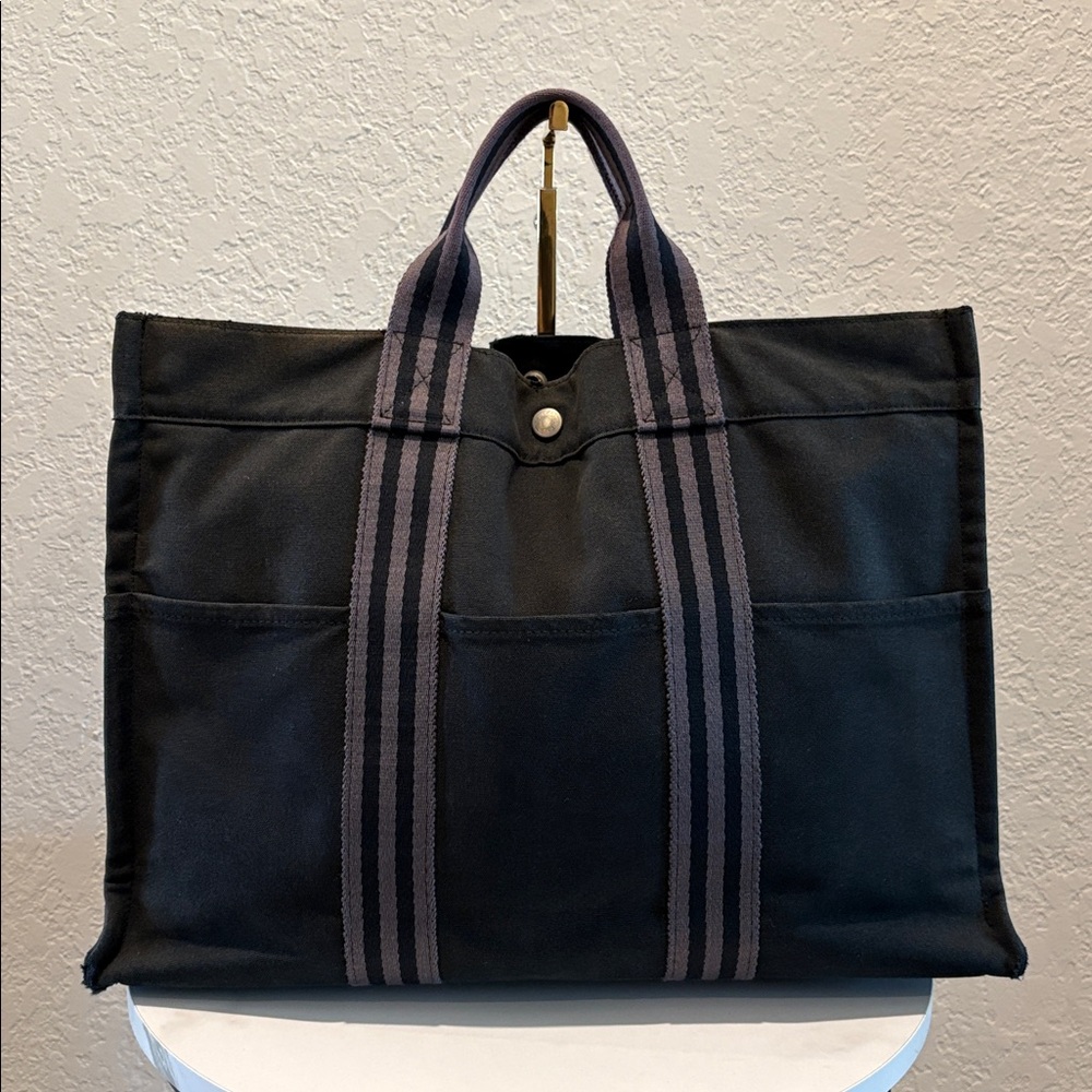 Hermes Toutte Fourre Black Canvas Tote with Gray Stripes - Picture 3 of 12